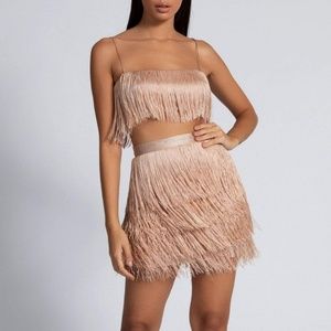 Meshki sofia fringe top and skirt in nude/gold